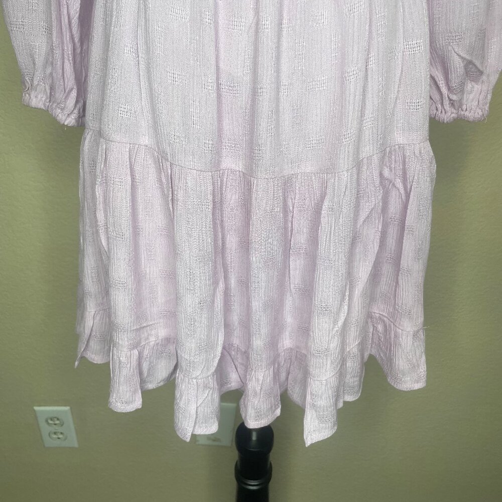 Lush Lilac Tie Front Cutout Mini Dress M Textured Balloon Sleeve Tiered Lavender - Picture 4 of 12